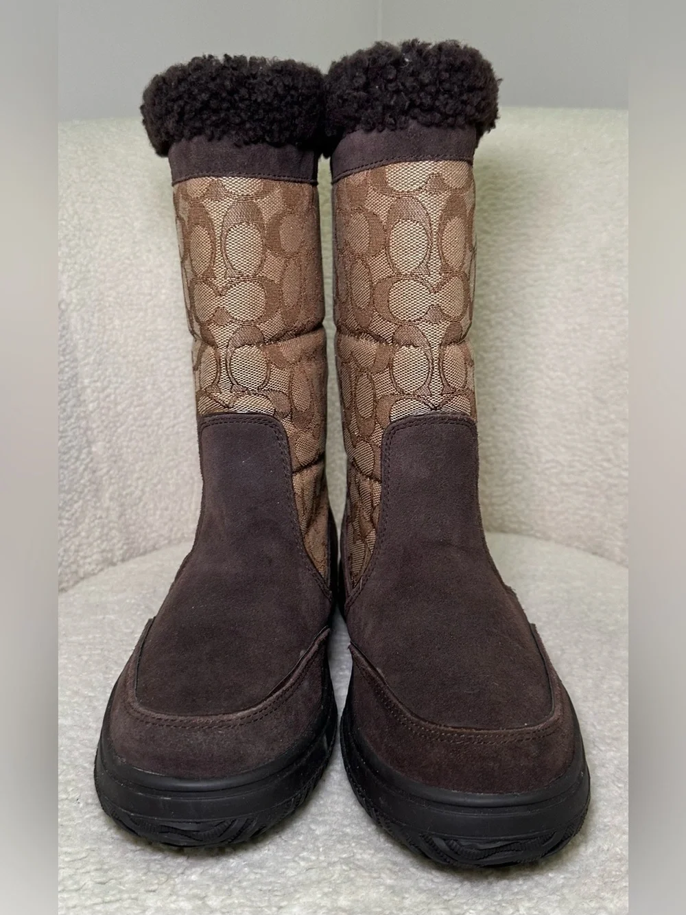 Coach Sherman Signature Logo Shearling Trim‎ Winter Snow Boots Brown Suede 8.5